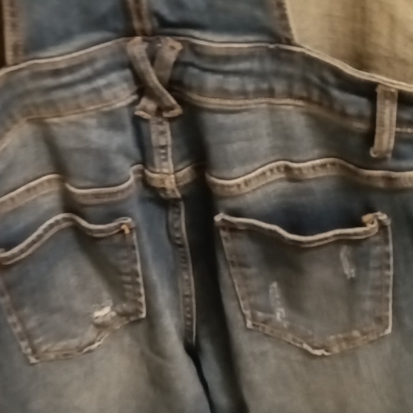 FINAL PRICE INDIGO BLUE cotton blue denim distressed overalls w elastic sides - Picture 15 of 16